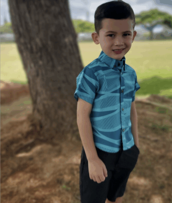 Little boy wearing blue and black patterned shirt