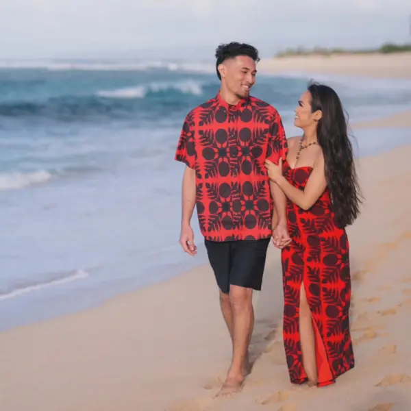 Couple with red and black matching outfits