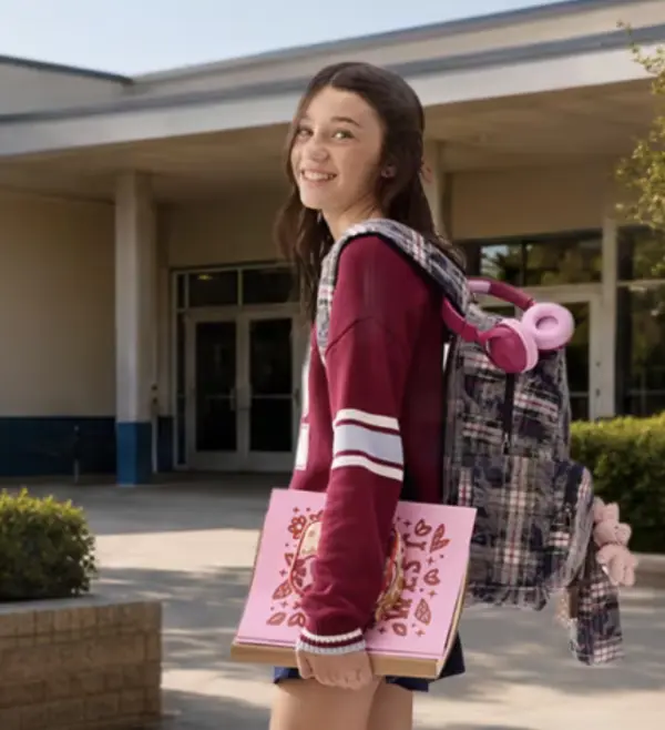 Girl with backpack and notebook