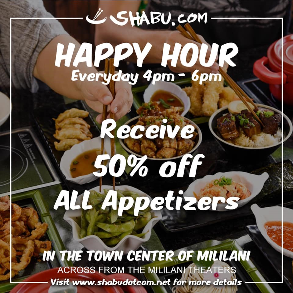 <p>Happy Hour – 50% Off Appetizers</p>